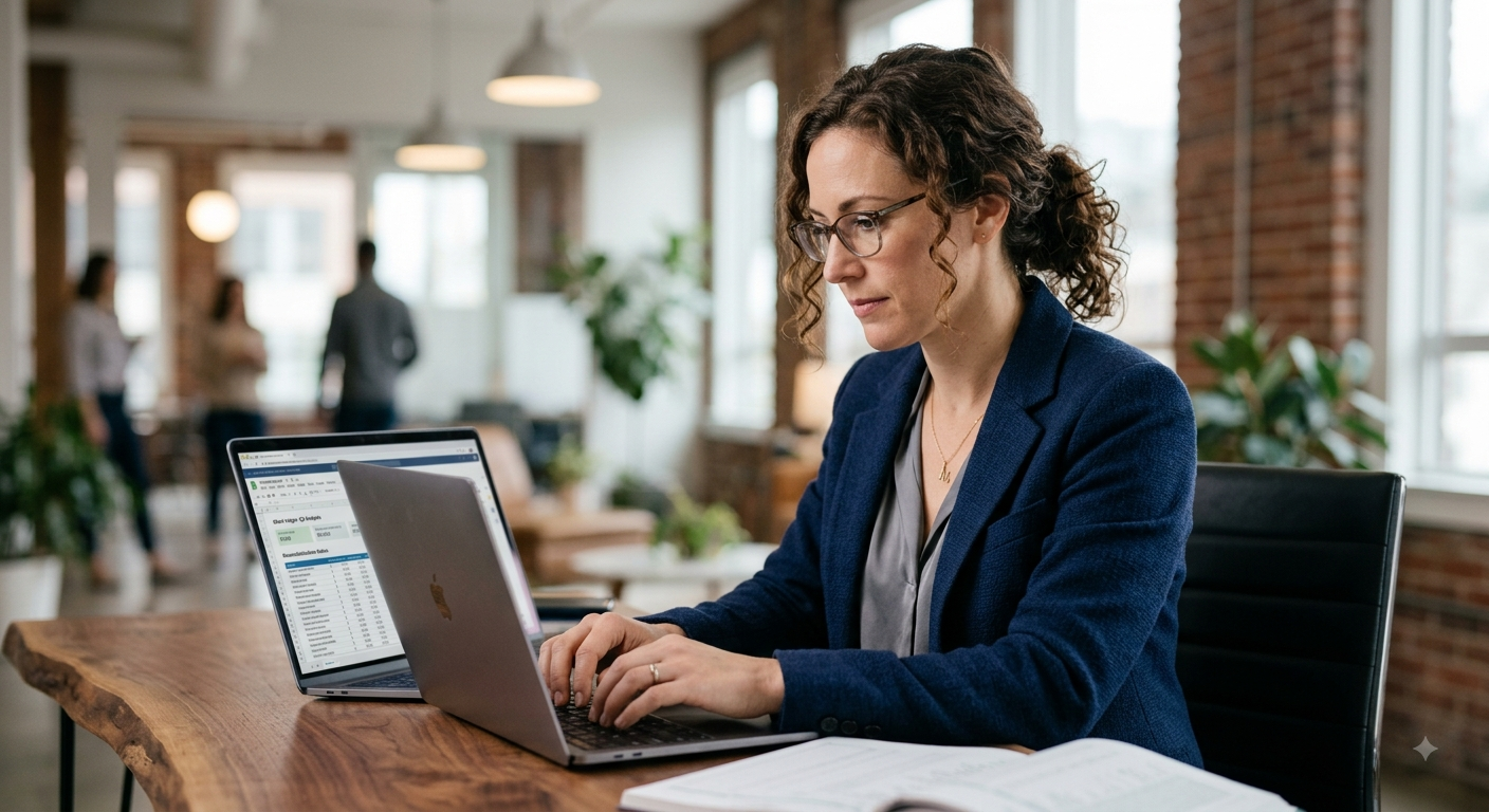 Accountant reviewing cloud bookkeeping reports on a laptop